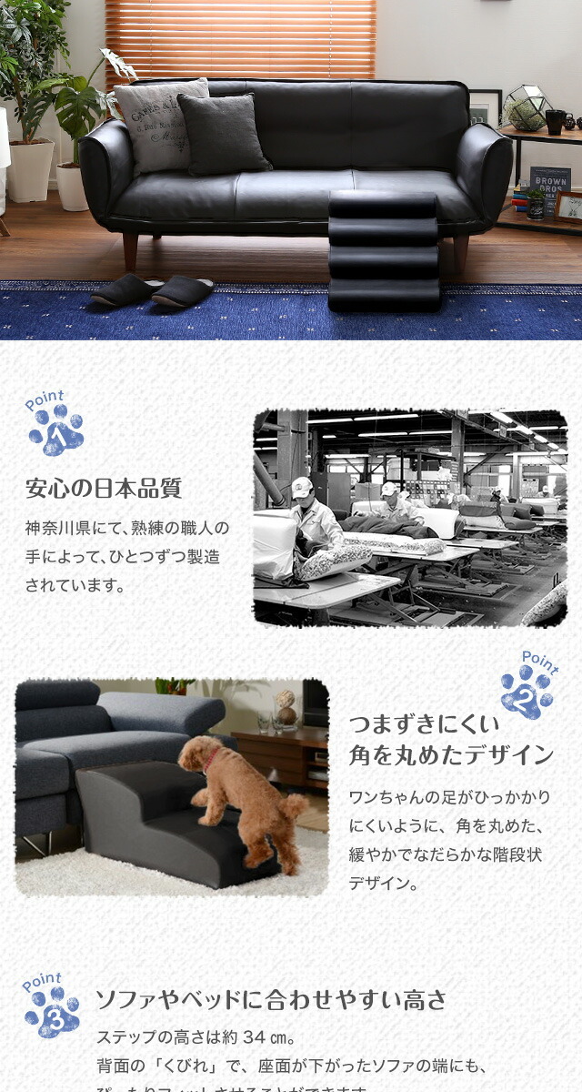 日本製ドッグステップPVCレザー、犬用階段2段タイプ【lonis-レーニス-】