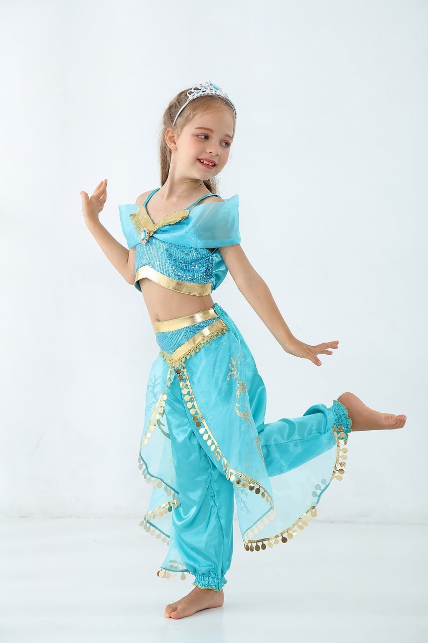 ジャスミン 衣装 子供 アラジン プリンセス ドレス 子供用 ハロウィン クリスマス 仮装 コスプレ アラビアン 女の子 ダンス衣装 お姫様 仮装 なりきり コスチューム TDL パーティー  舞台 誕生日 プレゼント ギフト ビスチェ パンツ ヘアバンド ティアラ 4点セット