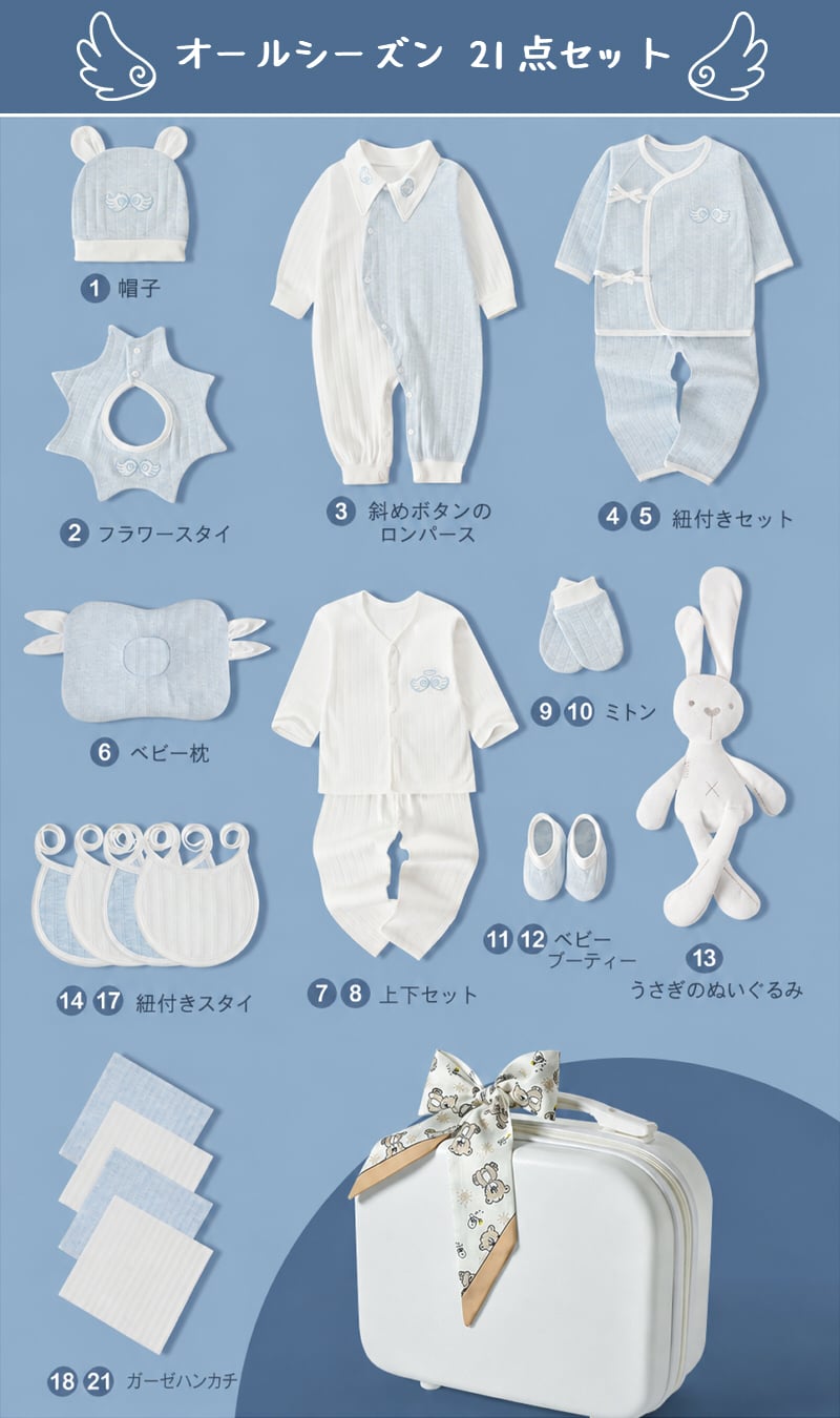 ベビーギフトセット 21点セット 出産祝い 新生児 オールシーズン 綿100％ 肌着 ベビー服 赤ちゃん スタイ おくるみ 帽子 ミトン ベビー用品 赤ちゃん 出産準備 男の子 女の子 プレゼント ギフトボックス 靴下ソックス ギフト