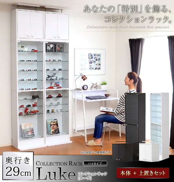 収納家具 ラック コレクション 本体+上置きセット 浅型ハイタイプ 奥行き19cm コレクションケース 壁面収納 ディスプレイケース フィギュア フィギュアケース 魅せて収納 ミニカー 人形 ガシャポン オマケの玩具 プラモデル SET