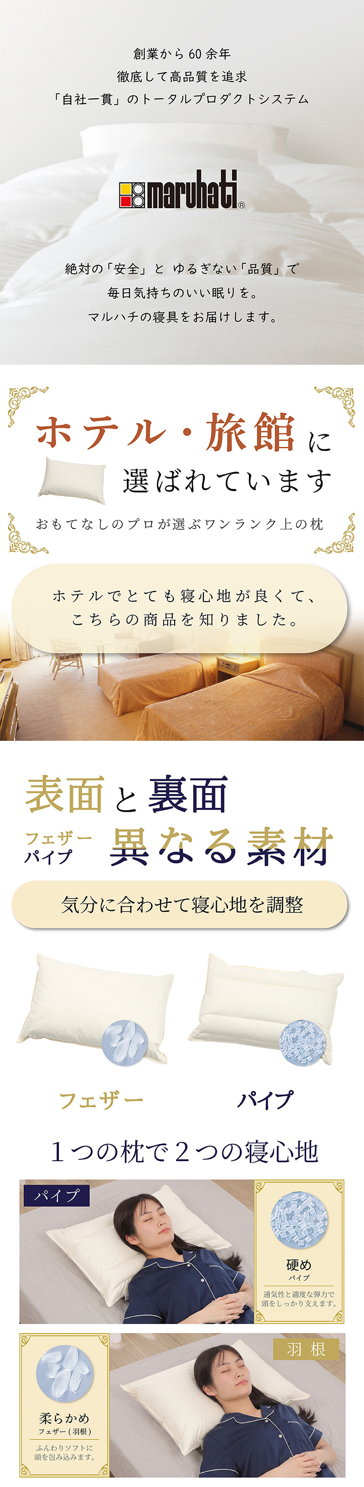丸八 マルハチ 丸八真綿 ホテル仕様 パイプ羽根枕  約43×63cm Sleep Artist フェザーパイマー枕 フェザーパイプ枕 旅館 有名ホテル チェーンホテル 送料無料 業務用 プロ寝具 ホテル枕 リバーシブル 新生活 ギフト プレゼント おしゃれ