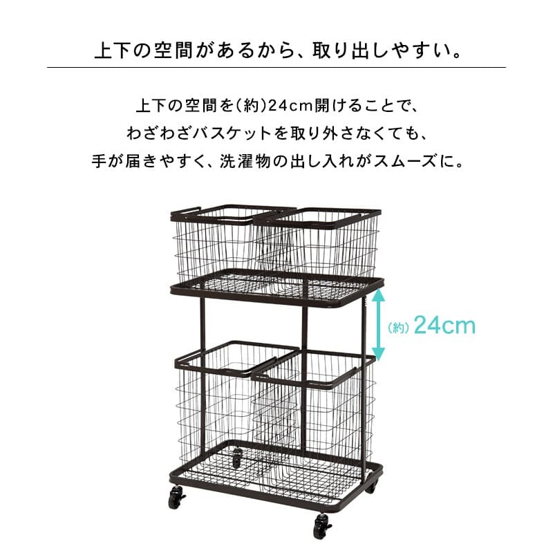収納家具 ラック ランドリー 4BOX ダブル ランドリーバスケット 2段 4カゴ 洗濯物入れ 縦型収納 スチール ランドリー収納 ランドリーワゴン 洗濯かご おしゃれ シンプル 脱衣所 洗面所 キャスター