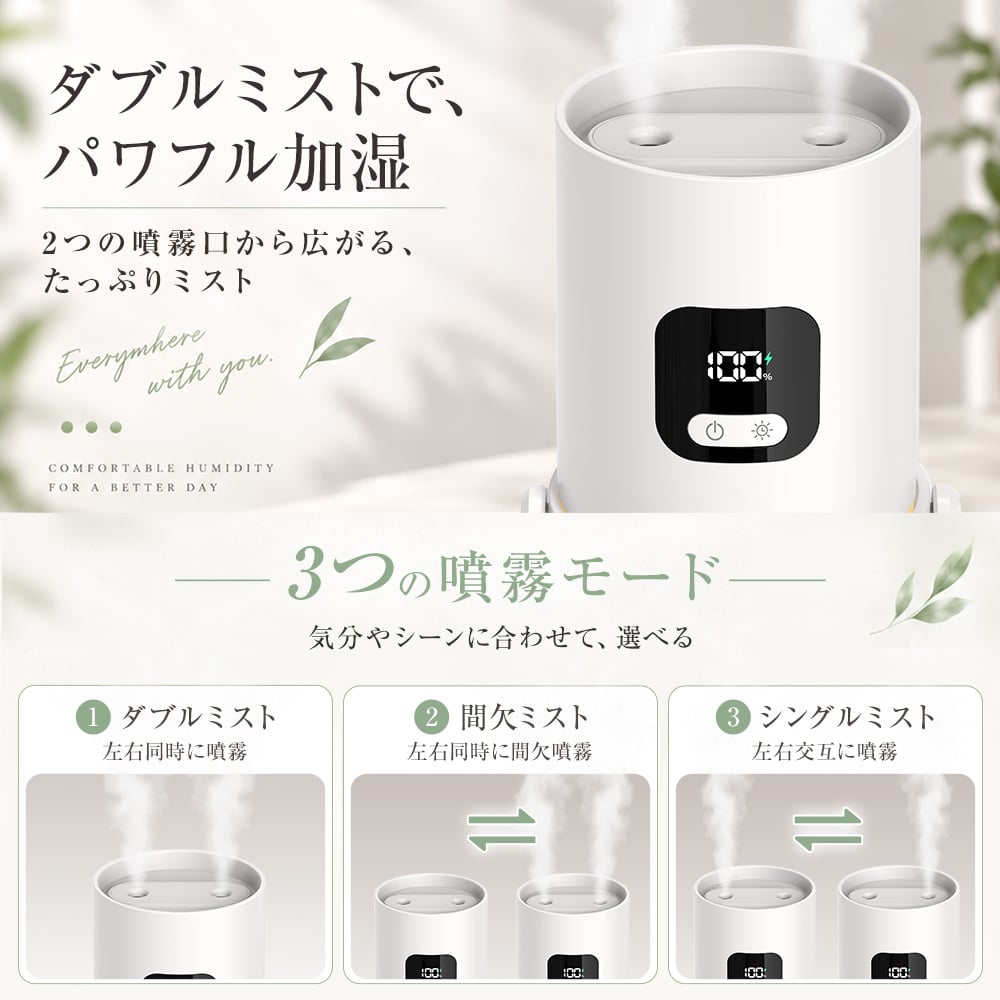 卓上加湿器 小型 クリップ付き 置き型 USB充電式 350mL 角度調整可能 超音波式 3段階噴霧 間欠運転 水漏れ防止 寝室 車内