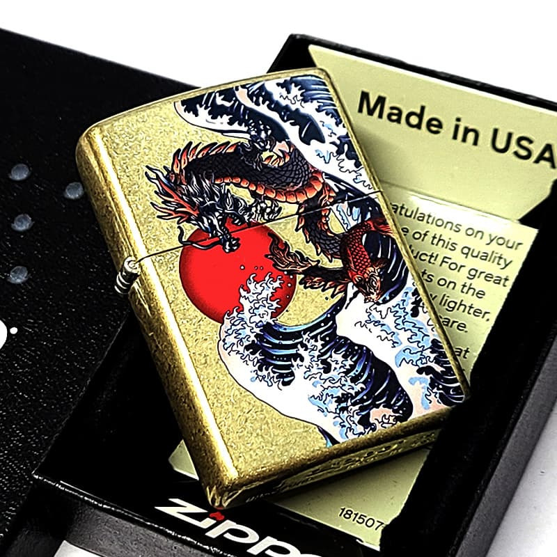 ZIPPO ライター 波龍 和柄 ジッポ ブラスバレル 和風 竜 ドラゴン アンティークゴールド かっこいい お守り 渋い 金 メンズ おしゃれ ギフト プレゼント