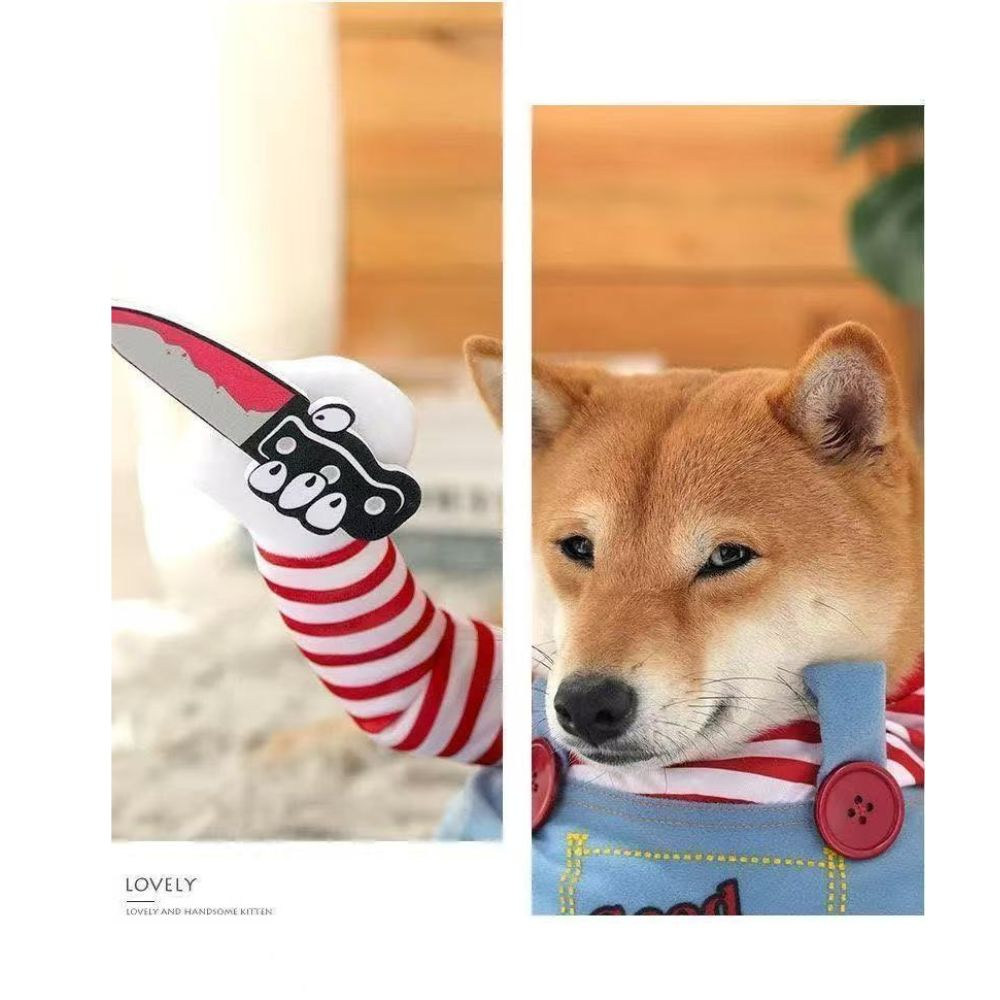 犬服 ハロウィン コスプレ 犬用 コスチューム ホラー チャッキー風 仮装 衣装 ナイフ付き かわいい おもしろ ペット服 小型犬 中型犬 柴犬 トイプードル ビションフリーゼ 写真撮影 SNS映え パーティー XS S M L XL