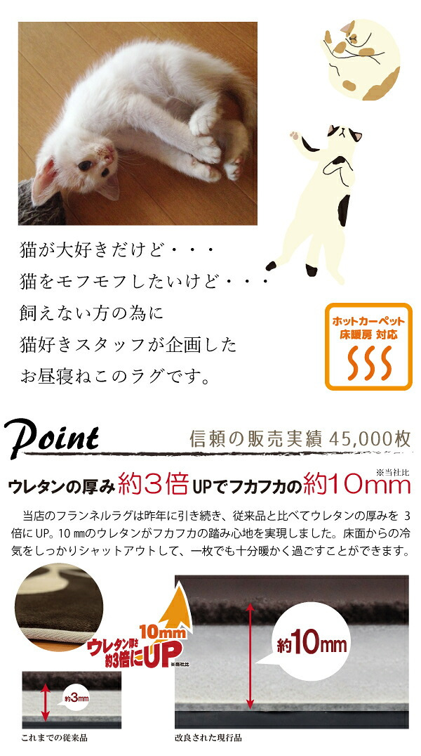 ホットカーペット 2畳 カバー付き 2点セット 本体サイズ約168×168cm 10mm厚 ねこ柄フランネルラグ(カバー:約185×185cm) ベージュ 多機能搭載 メーカー1年保証 8時間自動オフ 省エネ 3面切り替え 16折収納 ねこcset