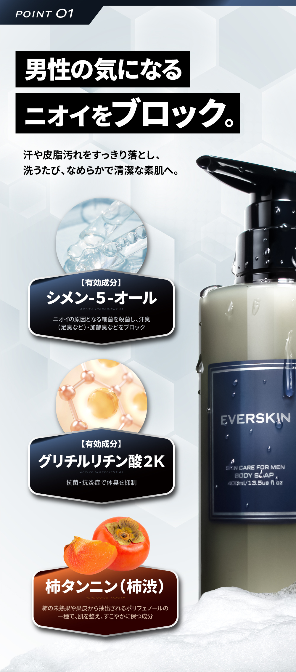 EVERSKIN ボディーソープ メンズ 体臭 ワキガ 加齢臭 背中ニキビ 皮脂 足臭 脇汗 【医薬部外品】ホワイトティーの香り 日本製 400ml
