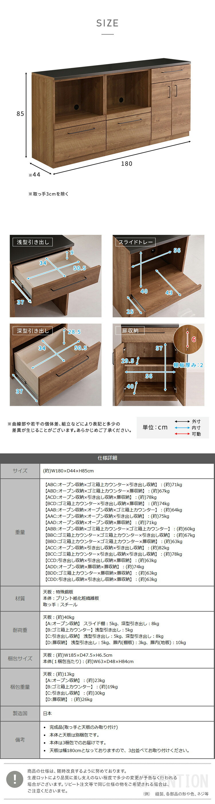 キッチンカウンター キッチン収納 日本製 特殊鋼板を使った組み合わせ 180cm オープン収納+オープン収納+扉収納 新生活