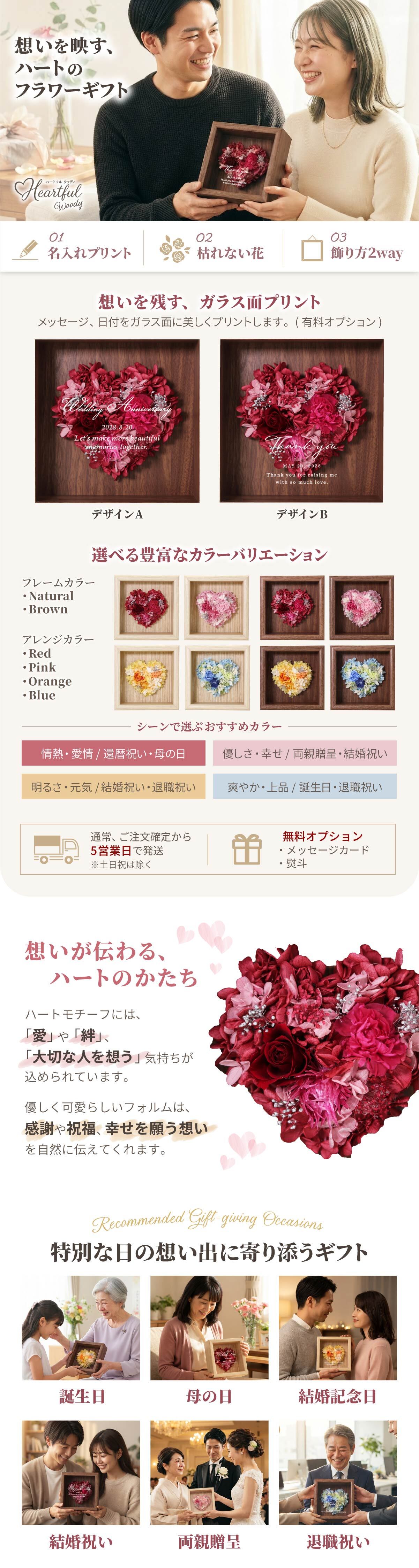 名入れ可【Heartful woody-ハートフルウッディ-】ハート型プリザーブドフラワー 木製フレーム 名入れ 壁掛け 置き型 メッセージ入り 還暦 誕生日 結婚記念日 記念日 母の日 退職祝い