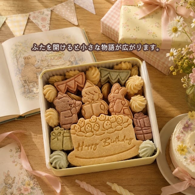 クッキー缶/きみと季節のとなりに「HappyBirthday」(クッキー クッキー缶 メッセージ 洋菓子 お菓子 スイーツ 焼き菓子 誕生日 記念日 お祝い バースデー プレゼント ギフト 贈り物 手土産 映え かわいい 可愛い おしゃれ  動物 アニマル くま うさぎ 成人の日 詰め合わせ 物語 美味しい おやつ 友達 子供 孫 女友達 女性 彼女 彼氏 妻 母 娘 甥っ子 姪っ子) 