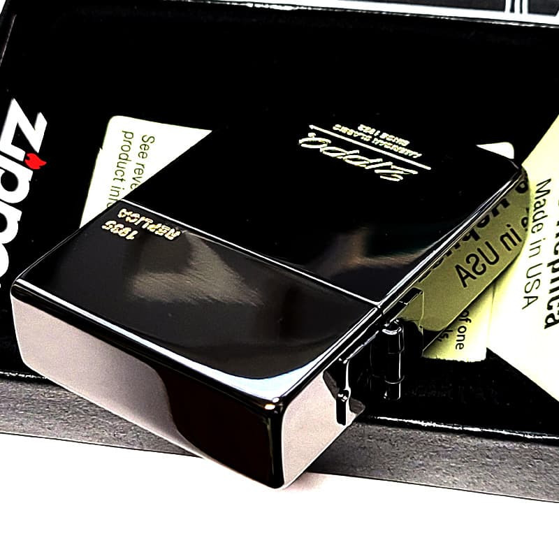 ZIPPO ライター 1935復刻 レプリカ ジッポ オールドロゴ ブラックニッケル 金差し 角型 外ヒンジ 3バレル シンプル 彫刻 黒 おしゃれ 高級 メンズ かっこいい プレゼント ギフト