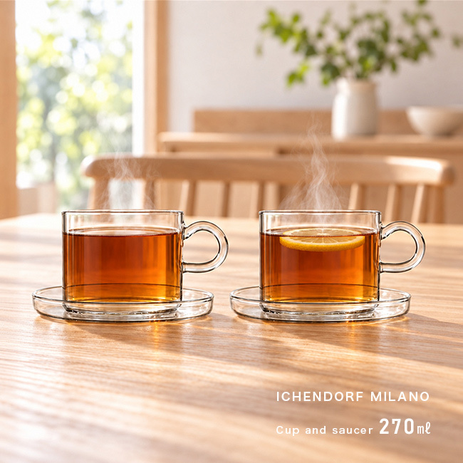 ichendorf イッケンドルフ ティーカップ 270ml ペア 箱入[カップ ソーサー セット ガラス ティーカップセット おしゃれ かわいい カップアンドソーサー 紅茶 ハーブティー ペアカップ 食洗機対応 結婚祝い プレゼント ギフト]