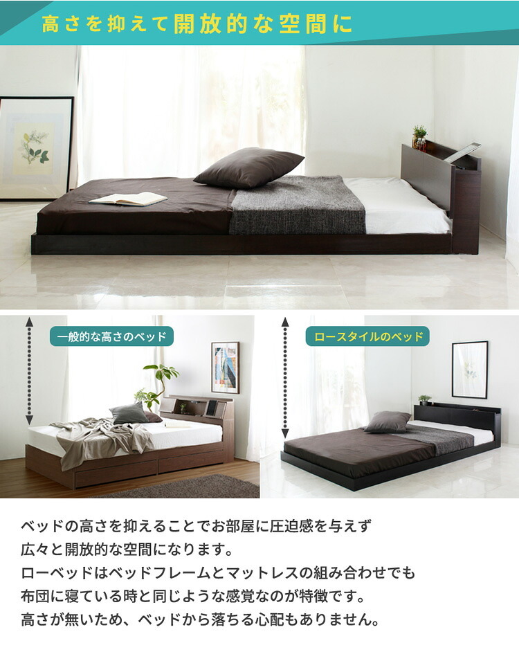ベッド 寝具 フレームのみ USBコンセント付き 宮付き フロア Lonnie ロニー ダブル ロー すのこ ヘッドボード コンセント付き 棚付き フレーム