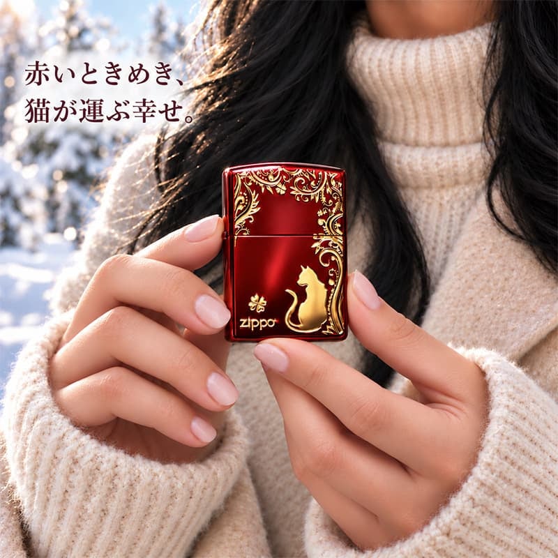 ZIPPO ライター ねこ キャット ジッポ 猫 クローバー ロゴ 四つ葉 かわいい おしゃれ ジッポー レッド 赤 ネコ 可愛い 女性 レディース メンズ ギフト プレゼント