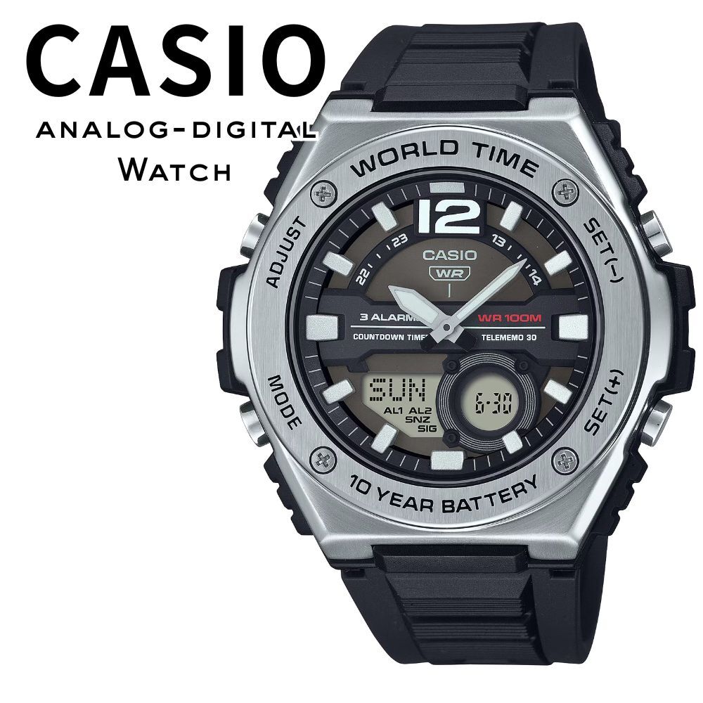 箱なし カシオ 腕時計 メンズ ブラック シルバー アナデジ CASIO 海外モデル 10年電池 100m防水 ワールドタイム ストップウォッチ タイマー アラーム スポーツ プレゼント ギフト 成人 卒業 入学