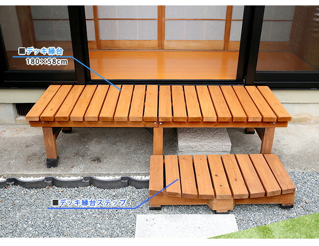 ウッドデッキ デッキ縁台 180×58cm 送料無料 ウッドデッキ風 簡単 縁側 本格的 DIY 木製 天然木 庭 ベランダ マンション おしゃれ 小型 北欧 ガーデン 屋外 家具 ブラウン ダークブラウン ライトブラウン エクステリア ガーデン用品