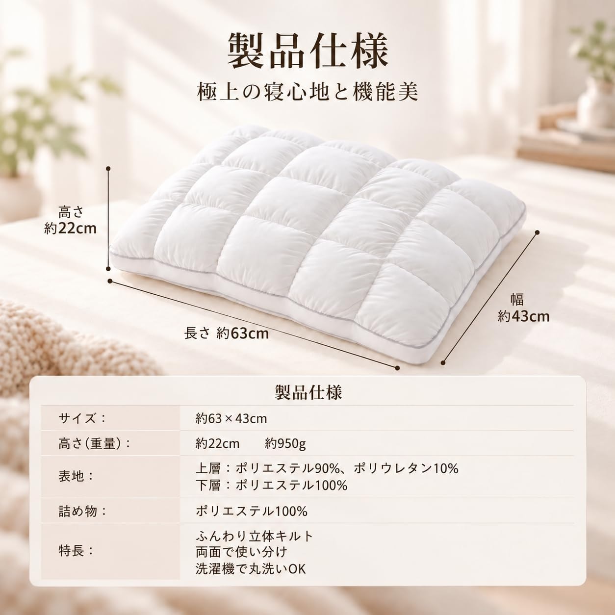 Nekara 枕 まくら ホテル仕様 両面仕様 柔らかめ 寝心地 横向き寝・仰向け寝・うつ伏せ寝対応 高反発の支え感 撥水・防汚加工生地 丸洗いOK 快眠枕 63×43cm