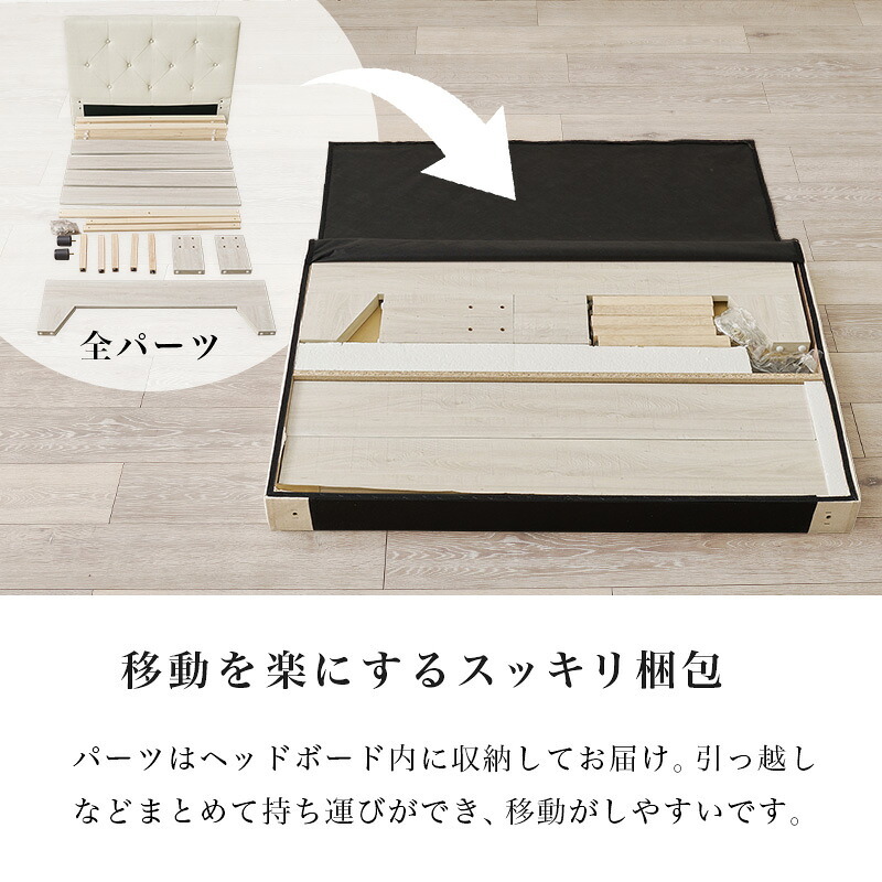 ベッド 寝具 ファブリック シングル フレーム単品 幅106cm ヘッドボード クッション性 背もたれ 心地よい リラックス すのこ 通気性 スノコ仕様 頑丈 耐荷重200kg 中脚 安定感 スノコ 床下収納 引っ越し 子供部屋 フロア 寝室 一人暮らし