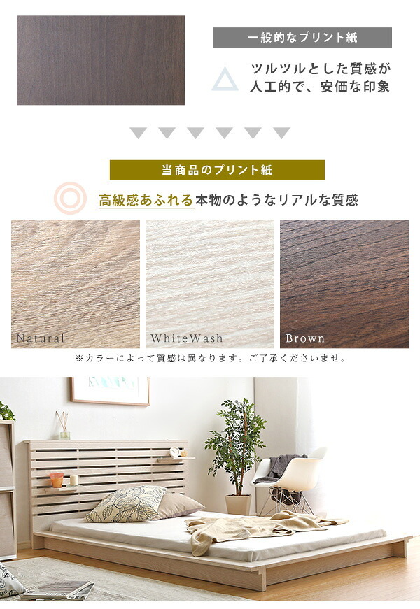 ベッド 寝具 可動棚付きフロア ダブル フレーム、ロースタイル、スリムヘッドボード｜Elfom エルフォム