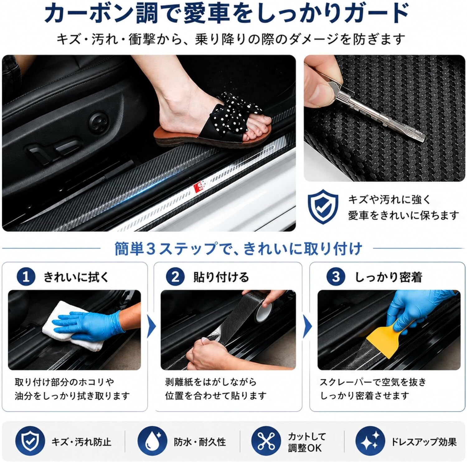 車用 サイドステップ保護フィルム カーボン調 5cm/10cm幅 傷防止 ドアステップガード 簡単貼り付け 汎用タイプ LB0H2DBG8XJ