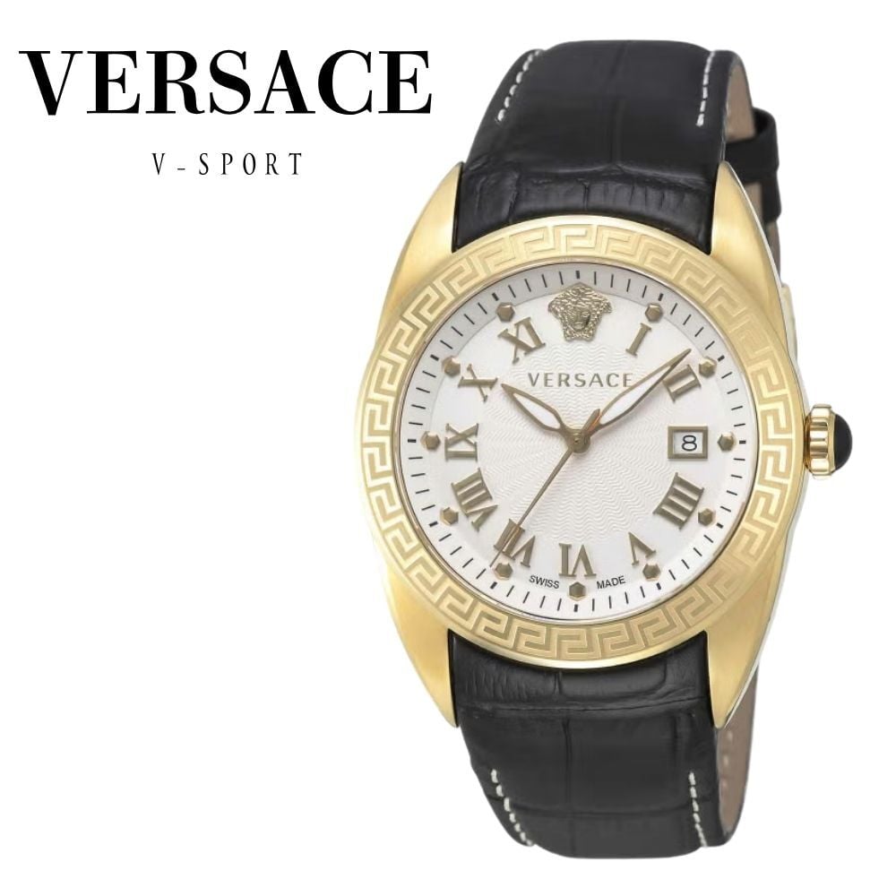 ヴェルサーチェ 腕時計 メンズ ゴールド シルバー ブラック 42mm VERSACE V-SPORT ブイスポーツ グレカ メデューサ 黒 レザー 革ベルト スイス製 メンズ腕時計 高級 ブランド おしゃれ プレゼント ギフト 卒業 入学 お祝い