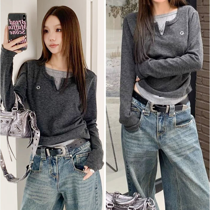 tシャツ レディース 長袖 通販 カットソー 重ね着風トップス レイヤード風ロンT カジュアル きれいめ無地 スリムフィット 通学通勤 あったか防寒 秋冬ファッション シンプルベーシック フェミニン 柔らかストレッチ ウンドネック トップス シンプル