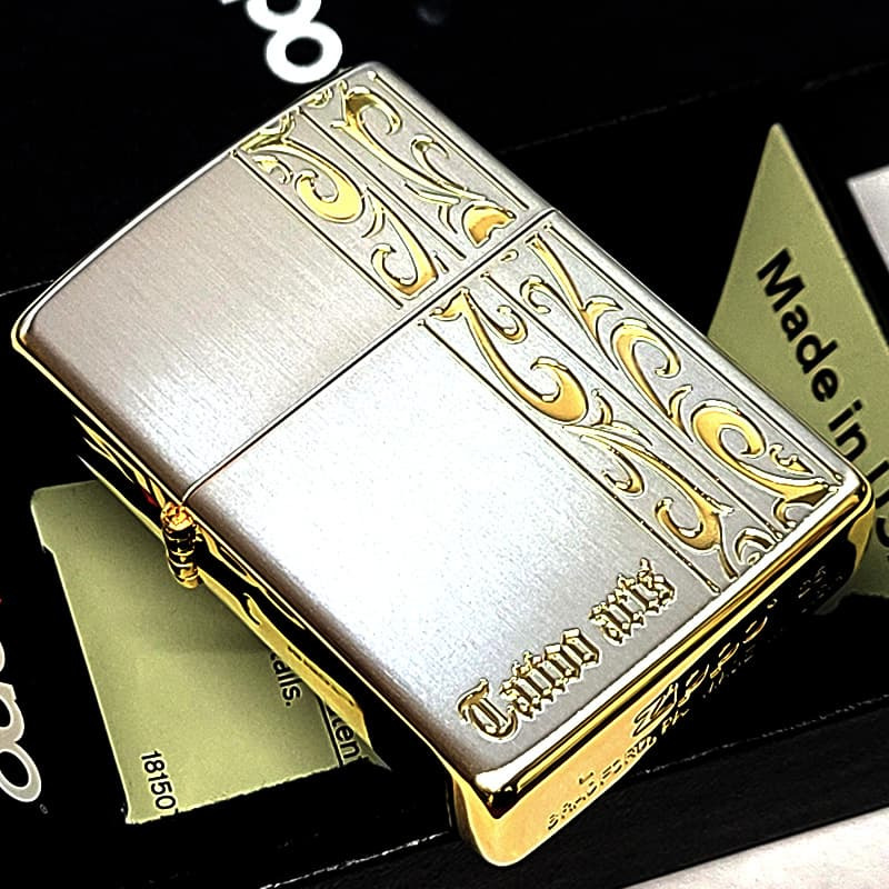 ZIPPO ライター トライバル アラベスク おしゃれ ジッポ シルバーサテン サイドゴールド 唐草 彫刻 かっこいい シンプル レディース メンズ プレゼント ギフト