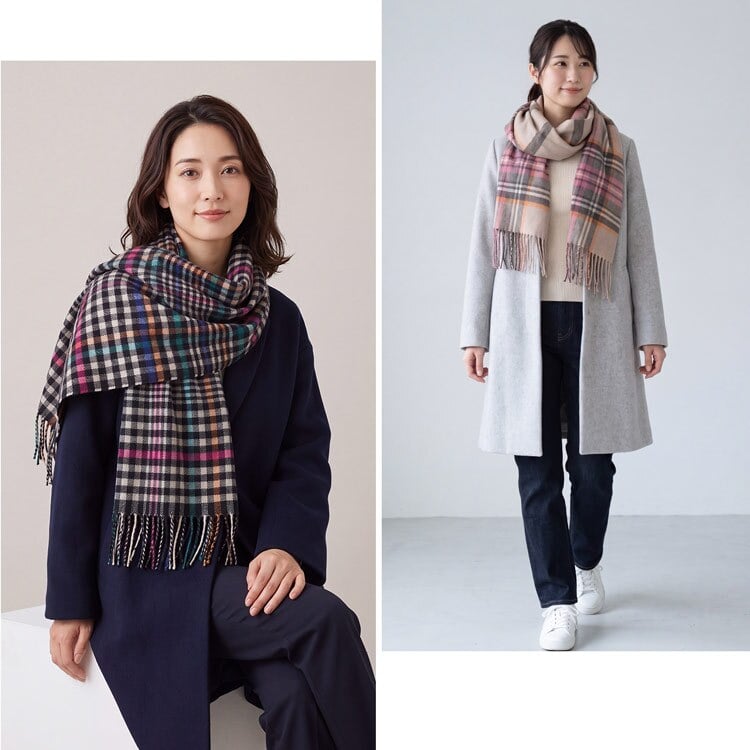 カシミヤ 100% ストール レディース 【名入れ刺繍可能】チェック柄 カシミヤ100% マフラー ストール フリンジ付き 大判 カシミヤマフラー 秋 冬 秋冬 誕生日 母 通勤 通学 ギフト プレゼント 7F (02000340r)