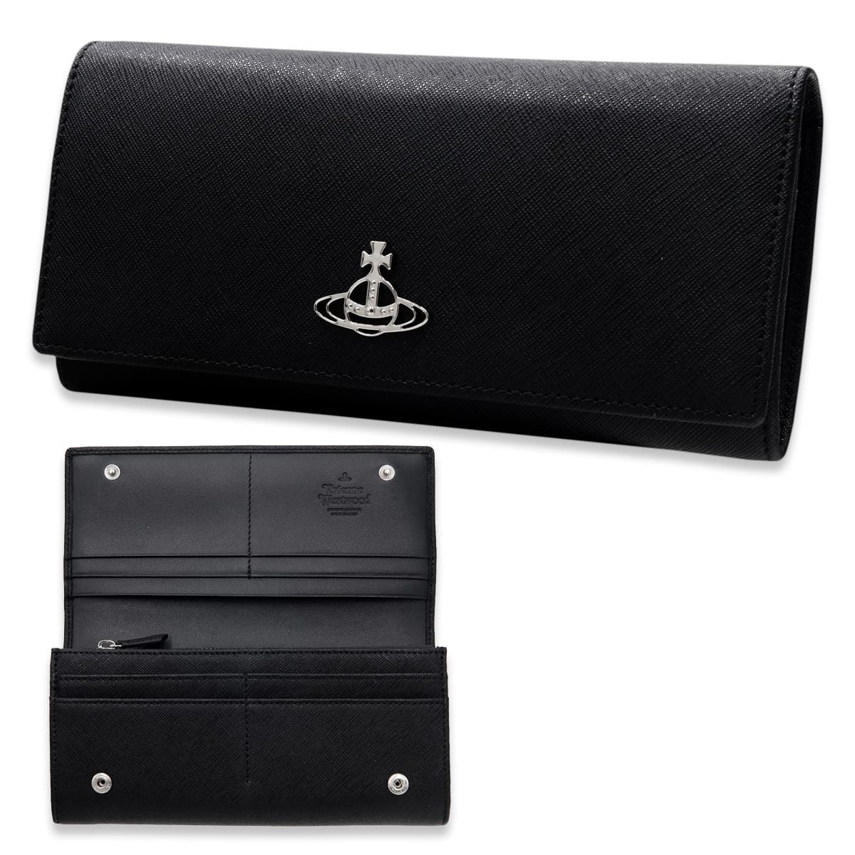 ヴィヴィアンウエストウッド 財布 長財布 メンズ レディース Vivienne Westwood 51120005 L001N LA N402 ブラック 黒 サフィアーノ 本革 小銭入れあり かぶせ フラップ オーブ ロゴ ギフト プレゼント