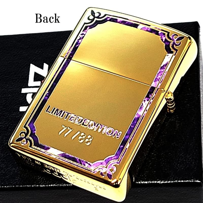 ZIPPO ライター 龍 一点物 レアナンバー [No.77]  限定88個 絶版 ジッポ ドラゴン シリアルナンバー入り 彫刻 廃盤 パープル かっこいい 金タンク ゴールド 両面加工 竜 八 和柄 紫 おしゃれ 御守り メンズ ギフト プレゼント