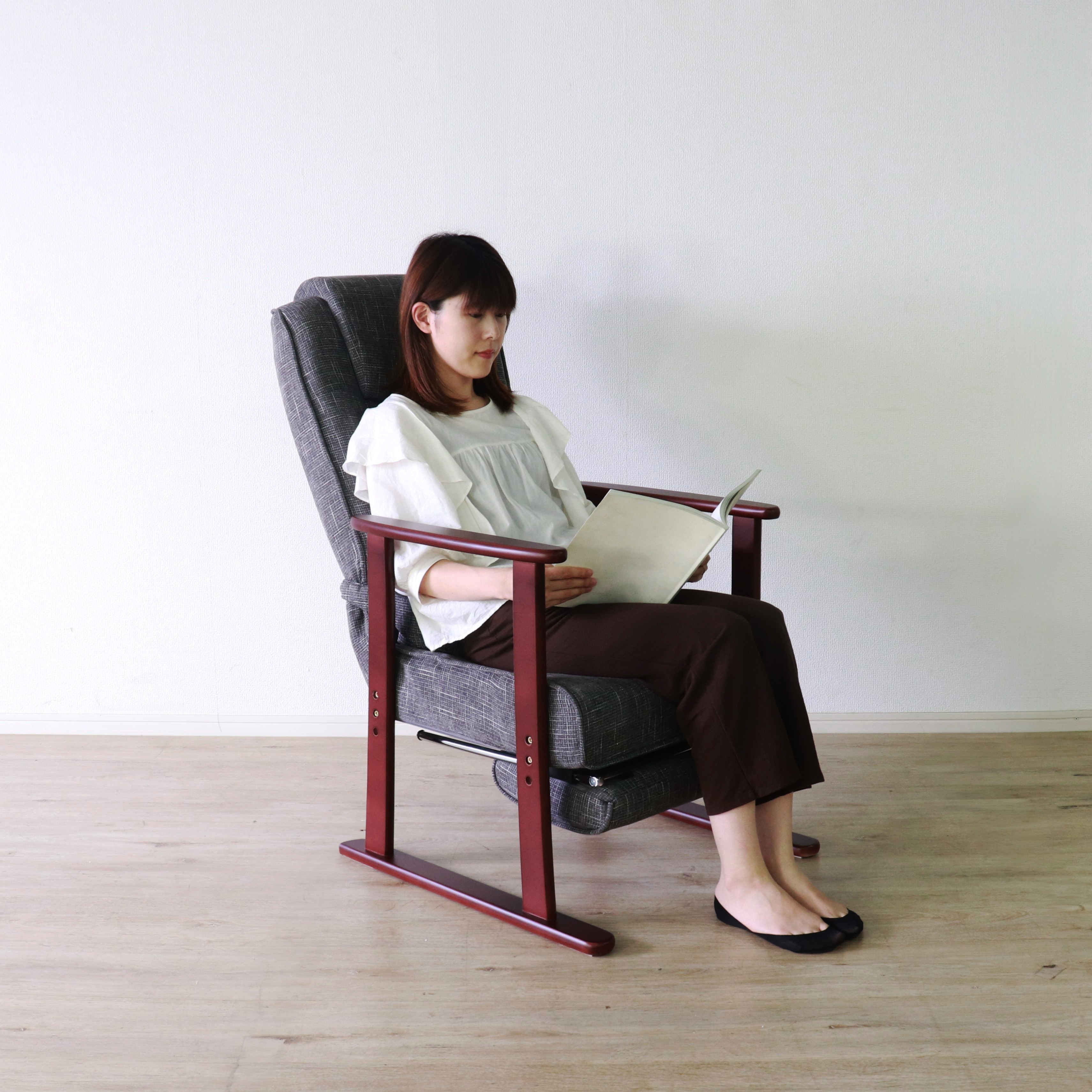 高座椅子 リラクス リクライニング フットレスト付き ブラウン・グレー W62xD66-114(フットレスト+46cm)xH104cm座 座椅子 リクライニングチェア パーソナルチェア 肘付き ブラウン グレイ おしゃれ