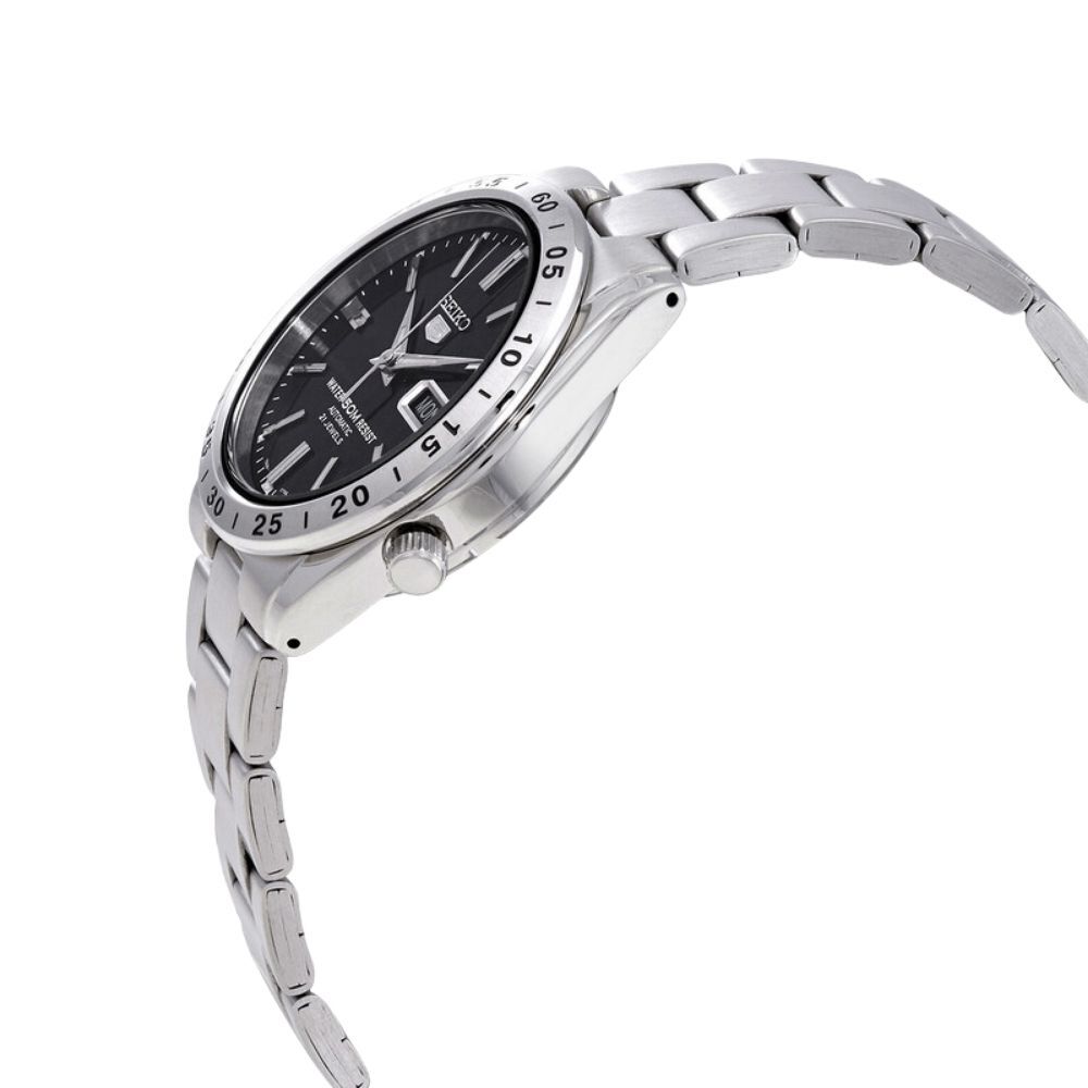 セイコー5 腕時計 メンズ 自動巻き ブラック シルバー SEIKO 5 海外モデル 逆輸入 メタルベルト 曜日 日付 裏蓋スケルトン 機械式時計 誕生日 プレゼント ギフト 収納ケース付き 成人 卒業 入学
