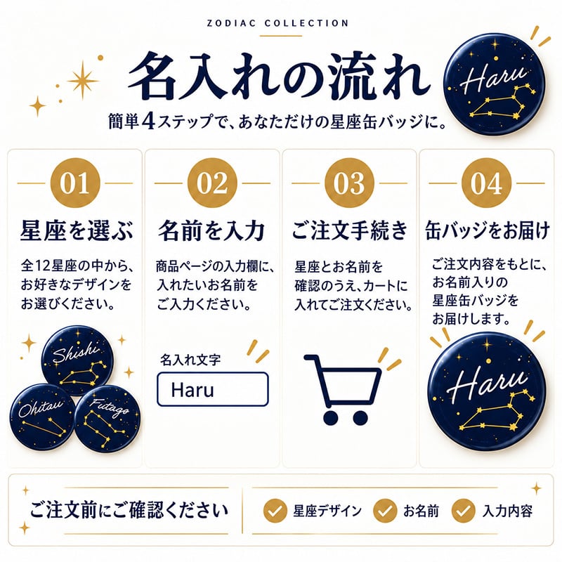 名入れ 缶バッジ 星座 全12種 選べる 名前入り 星座シリーズ 12星座 誕生日 星座線 かわいい おしゃれ 手書き風 筆記体 オリジナル プレゼント ギフト 誕生日プレゼント 記念品 男性 女性 メンズ レディース