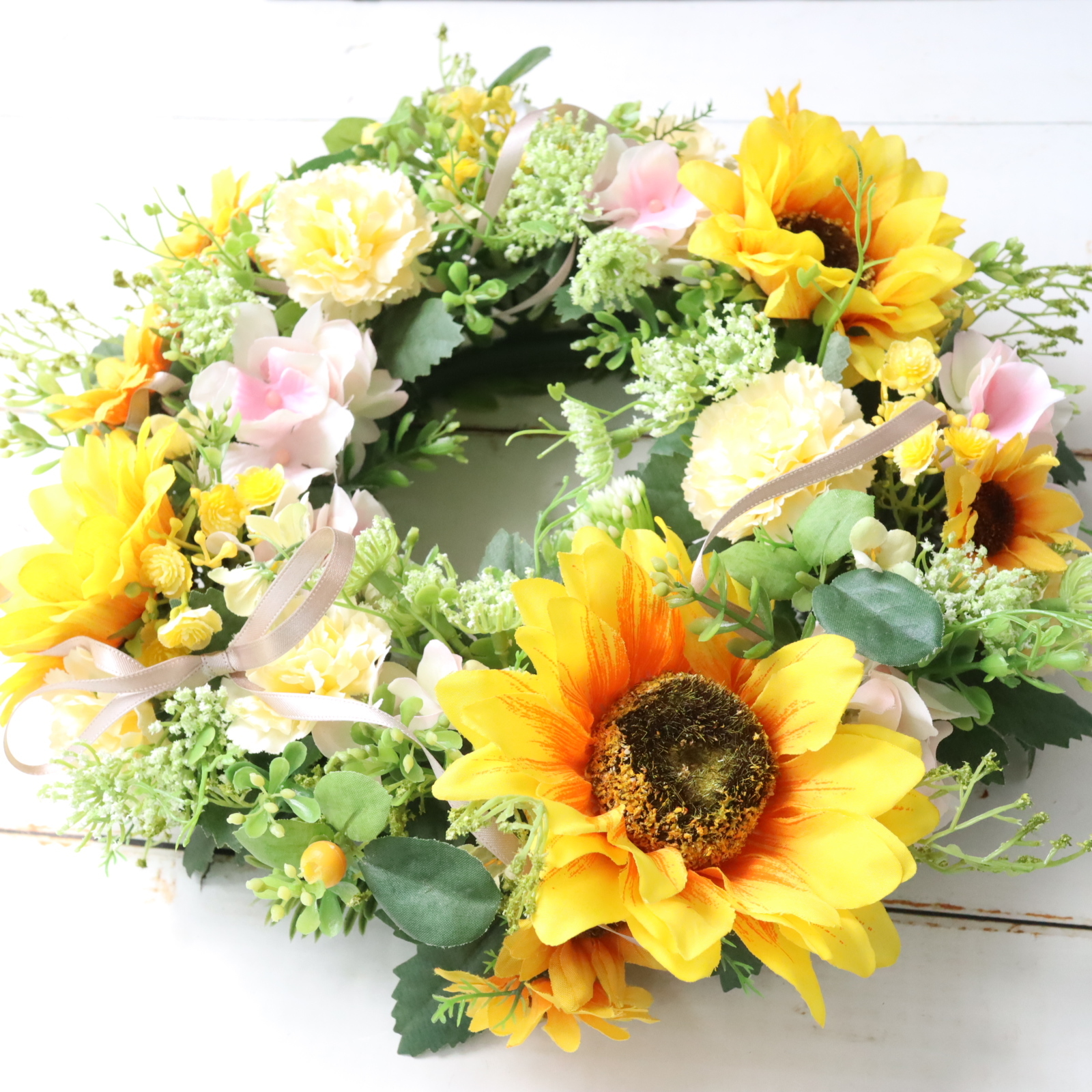 ひまわり カーネーション 夏リース インテリア 造花 フラワーリース ギフト 向日葵 プレゼント 511