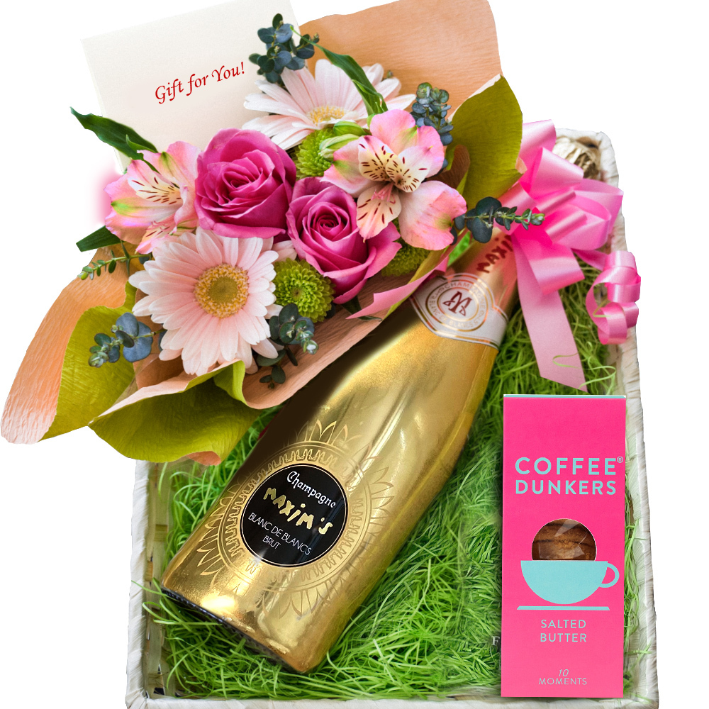 誕生日 女性 お花とシャンパン スイーツギフト～シャンパンギフトセット～【フラワーアレンジメント＋シャンパン＋スイーツ】フランス「マキシム・ド・パリ」泡 辛口 750ml  生花 バラ ガーベラ ピンク イギリス ビスケット 塩 バター クッキー 記念日 誕生日妻 彼女 送料無料