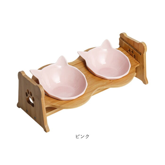 猫用フードボウル 通販 ペット用食器台付き セラミック製ボウル 食べやすい猫用食器 傾斜付きスタンド ダブルフードボウル 猫型セラミック食器 木製食器スタンド 高さ調節可能 食べやすい設計 おしゃれ 餌皿水入れセット ペットボウル 子猫用 陶器 かわいい