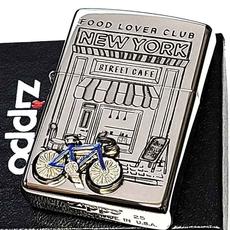 ZIPPO ニューヨーク 自転車 ジッポ ライター かわいい ブルー 重厚立体メタル 両面加工 シルバー おしゃれ 女性 NEW YORK アメリカ FOOD LOVER CLUB おしゃれ 銀 彫刻 レディース ギフト メンズ プレゼント