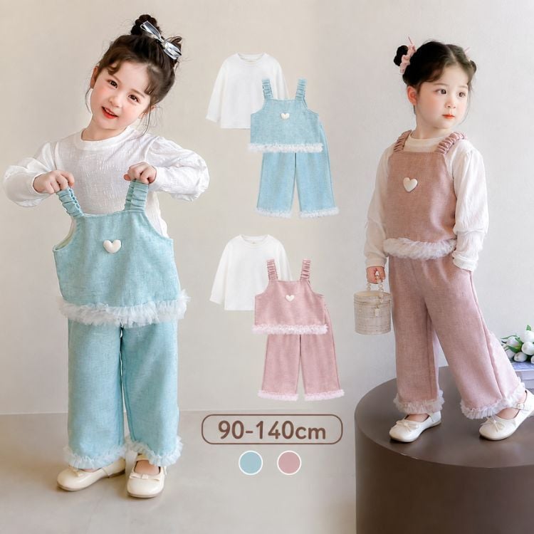 キッズ セットアップ 3点セット 女の子 子供服 長袖Tシャツ キャミソールトップス ワイドパンツ フリル ハート 春 秋 冬 おしゃれ 可愛い 姉妹コーデ お揃い 90 100 110 120 130 140cm