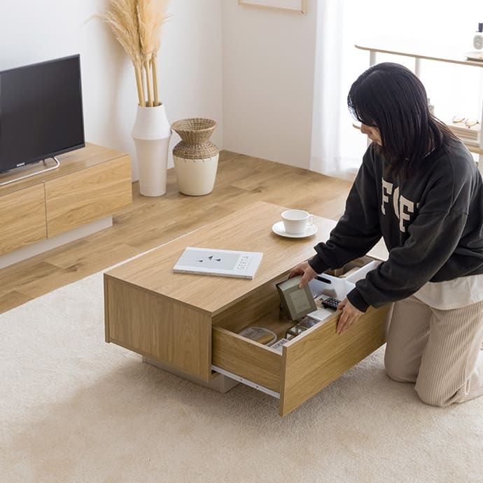 センターテーブル おしゃれ 引き出し付き 幅85cm テーブル リビング ロー 机 コーヒーテーブル フロート脚 引出し コンパクト 省スペース 幅85 キャスター 収納 ー 幕板 カフェ ノイズレスデザイン フラット 大容量 置くだけでアクセントとなり 新生活