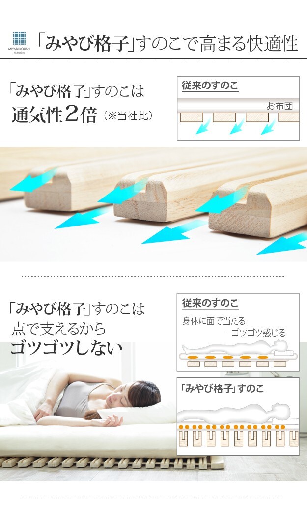 【グッドデザイン賞受賞】 すのこベッド ロール式 シングル 通気性2倍で丸めて収納 「みやび格子」すのこベッド ロールタイプ 桐 天然木 スノコベッド すのこマット 折りたたみベッド 省スペース 快眠 除湿 調湿 防カビ 梅雨対策 結露防止 新生活