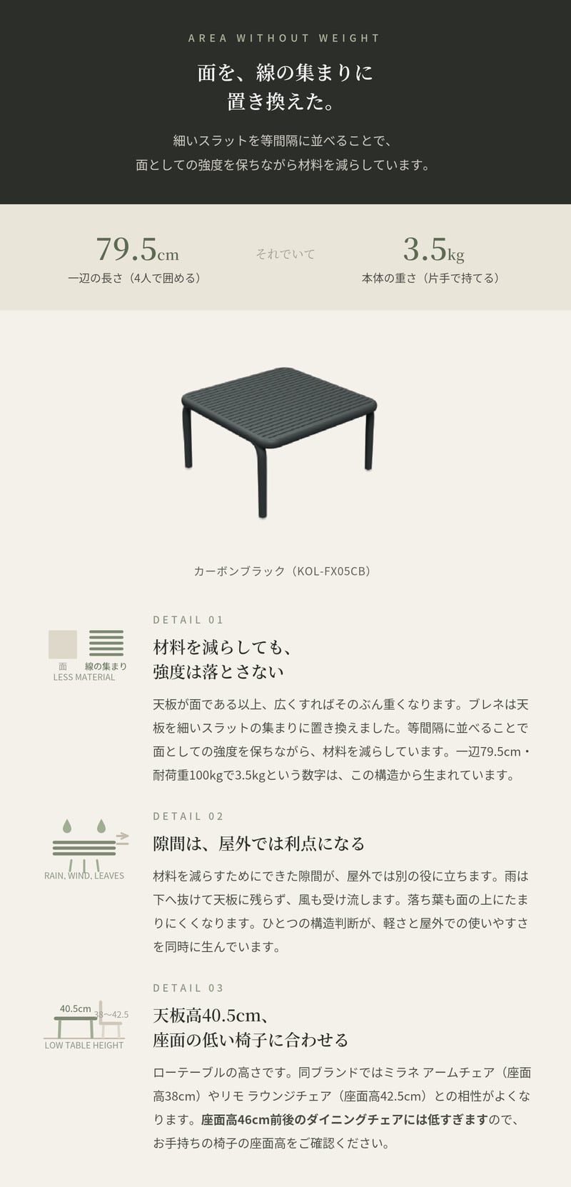 センターテーブル おしゃれ ローテーブル コーヒーテーブル ガーデンテーブル 屋外 正方形 FERNE フェルネ ブレネ 軽量3.5kg スタッキング 屋内屋外兼用 ポーランド製 樹脂 テラス ベランダ 庭 店舗 業務用 雨ざらし KOL-FX05
