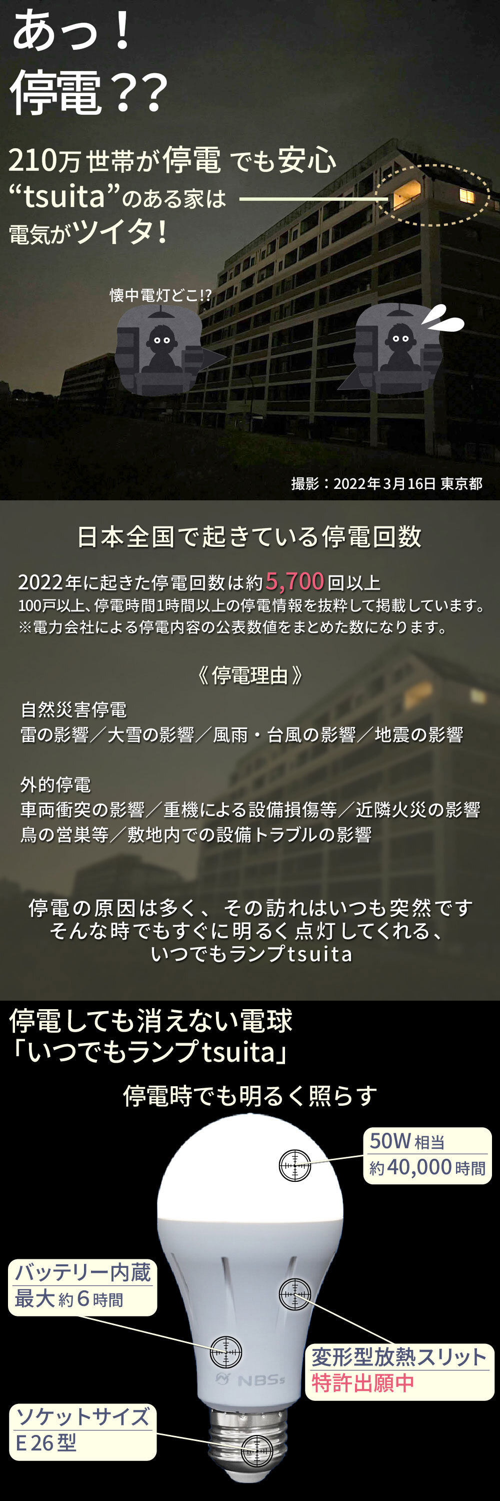 停電でも消えない電球 いつでもランプ tsuita ツイタ 2個セッ ト LED電球 50W相当 E26 昼白色 電球色 停電時 自動点灯 蓄電式 内蔵バッテリー 非常灯 防災ライト 防災電球 地震 災害 停電対策 避難用品 防災グッズ 備蓄 家庭用 実用的 プレゼント