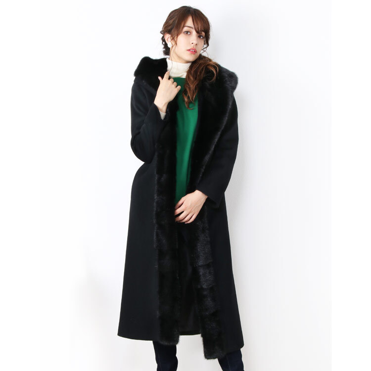 Filomo ミンク トリミング ロング コート カシミヤ ブレンド ウール レディース フード 付き 着丈120cm モカ/ライトグレー/ブラック M/L Aライン 秋 冬 ファー付き ベルト付き 卒業式 入学式 母 ギフト プレゼント 7F (02000200r)