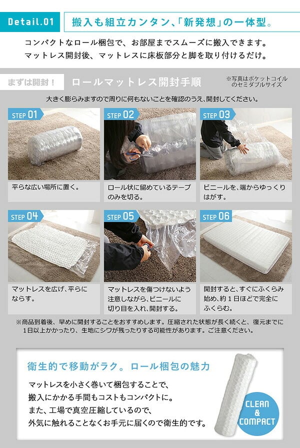 ベッド 寝具 新発想で搬入も組立カンタン ほどよい弾力 脚付きロールマットレス ボンネルコイルスプリング Unite -Raide- -ユニテ・ライド- ダブルサイズ ダブル ネイビー ホームテイスト 脚つきマットレス 脚付き ボンネルコイル