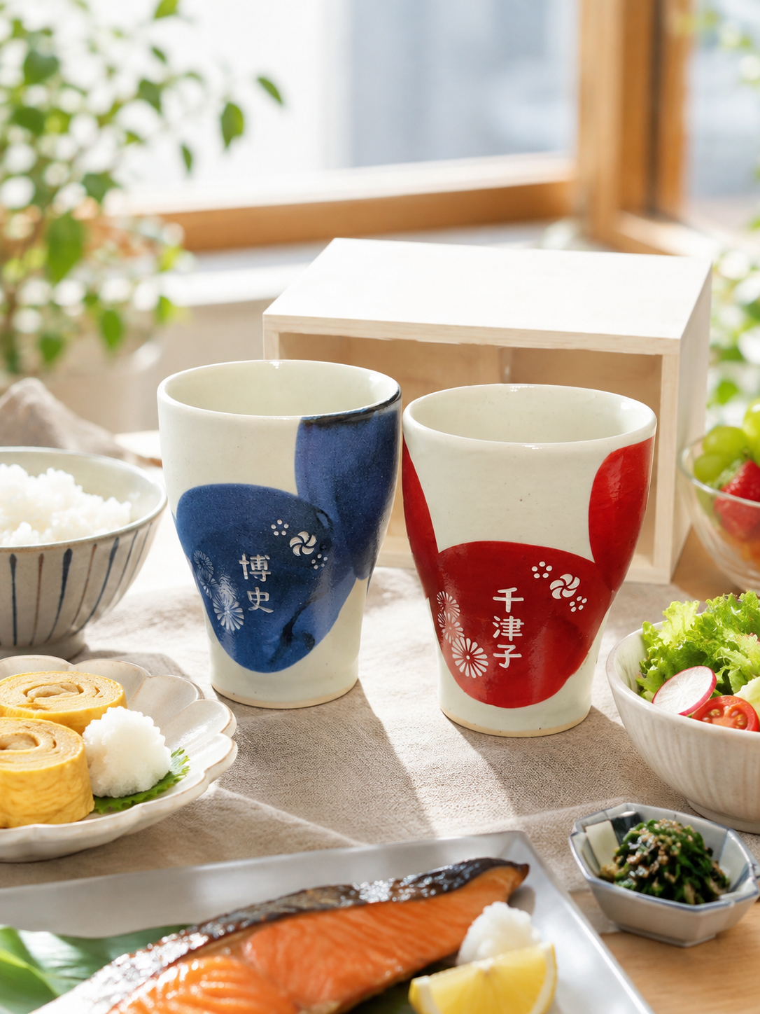 敬老の日 退職 名入れ ペアギフト SXX 波佐見焼 夫婦湯呑 円 MADOKA 赤 青 2点セット 木箱入り / プレゼント ギフト 両親 夫婦 結婚 金婚式 銀婚式 退職 記念 誕生日 長寿 祝い