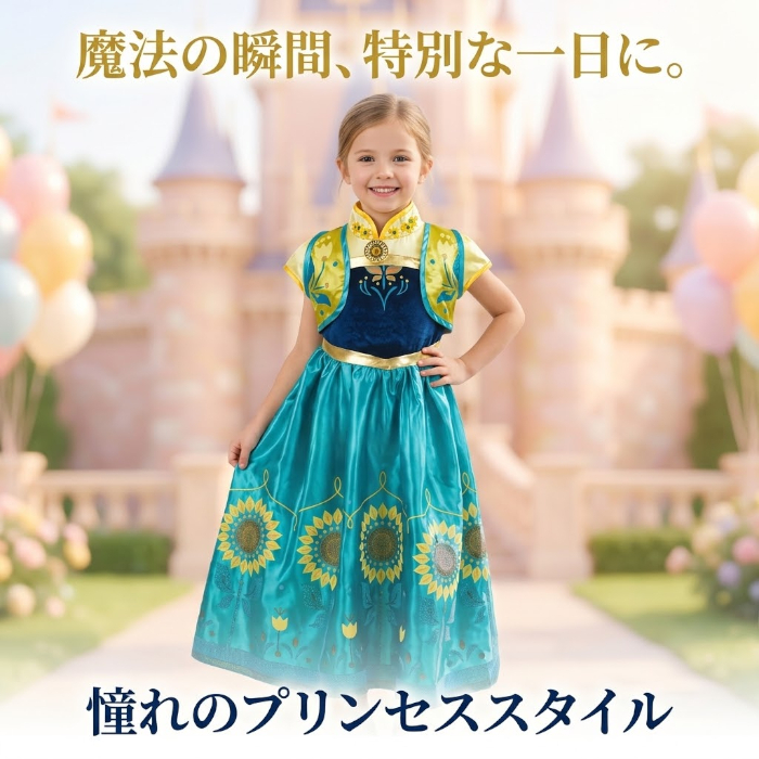 【アウトレット/新品】プリンセス ドレス 子供 キッズ ワンピース 女の子 なりきり コスプレ 仮装 コスチューム お姫様 ひまわり 花柄 グリーン 誕生日 バースデー プレゼント 発表会 ハロウィン クリスマス テーマパーク お出かけ 衣装 こども 子ども 春 夏 秋 冬