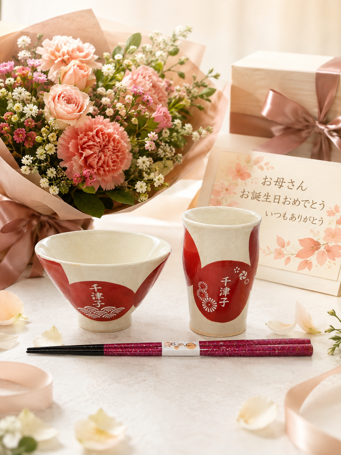 名入れ ギフト SXX 波佐見焼 食器セット 円 MADOKA 茶碗　湯呑 と おまかせ箸 赤 青 3点　お一人様セット　木箱入り