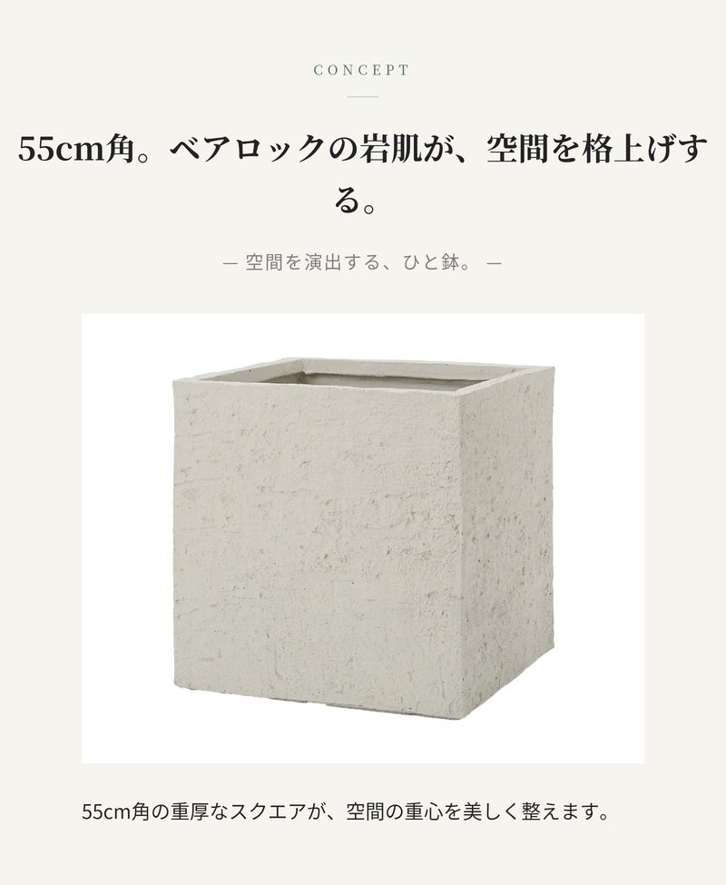 植木鉢 おしゃれ 大型 幅55cm 高さ55cm 鉢カバー KONTON コントン ベータ キューブプランター ベアロック 四角 正方形 スクエア ファイバーセメント セメント 屋外 ガーデン 高級 北欧 モダン ナチュラル 観葉植物用 シンボルツリー サボテン 多肉植物 特大 玄関 プランター