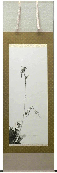 掛け軸 宮本武蔵 枯木鳴鵙図 複製画 掛軸 かけじく 枯木にもず 水墨画 年中掛け 58cm×188cm TK10