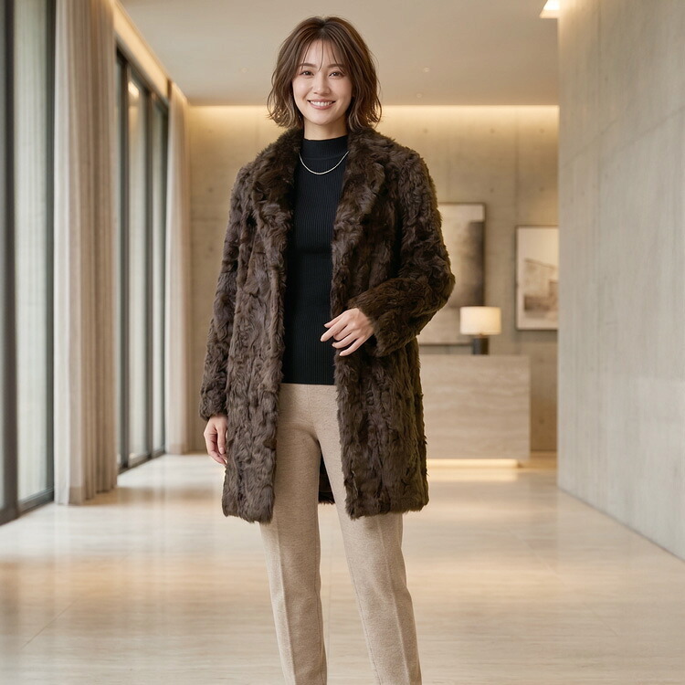 カルガン ラム コート レディース テーラーカラー 着丈89cm 全4色 秋 冬 母 女性 ギフト プレゼント 7F (01000648r)